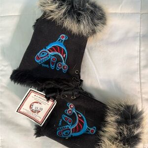Aztec American Indian Alaska Canadian Suede Fingerless Gloved w/Fur Trim NEW NWT